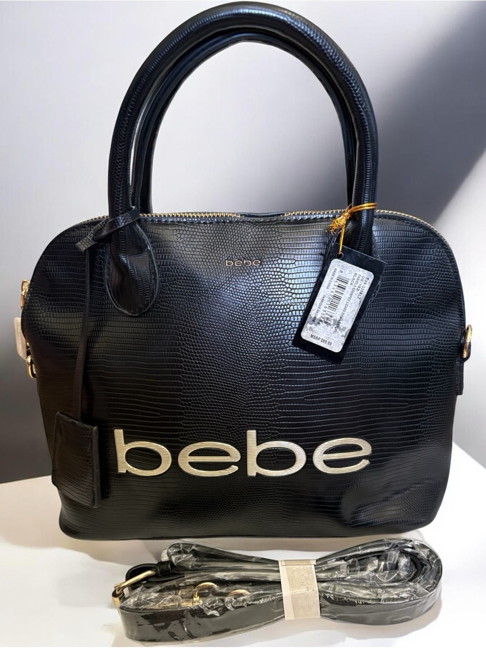 bebe Black Textured Dome Satchel with Gold Accents